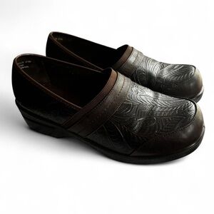 Brown Leather Clogs with Embossed Floral Design